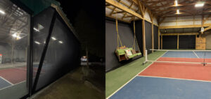 Custom motorized screens for odd-shaped roof line in Nashville, Tennessee.